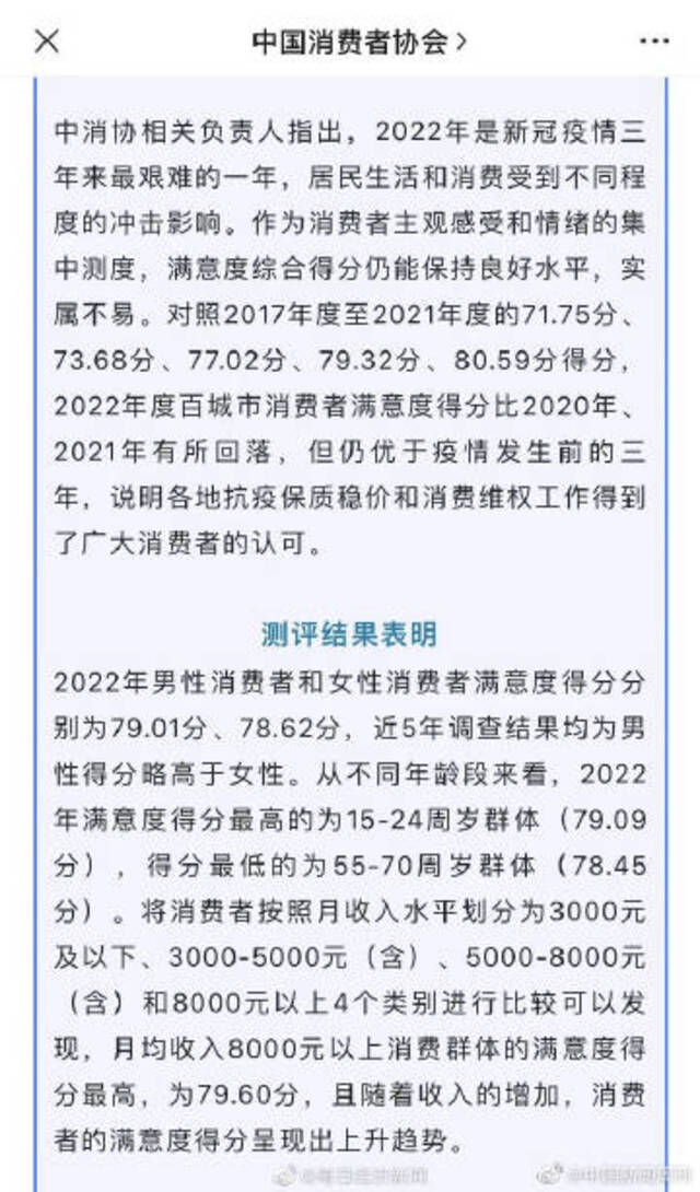 中消协：月收入8000元以上消费群体满意度最高