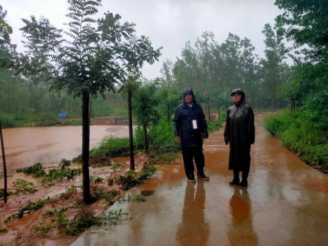 ·张桂芳（右）在暴雨中巡查三家村。