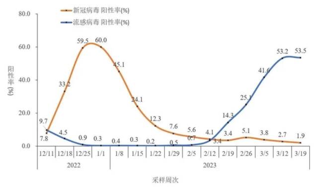 图2-5全国哨点医院流感样病例新冠和流感病毒阳性率变化趋势（数据来源于402家网络实验室）