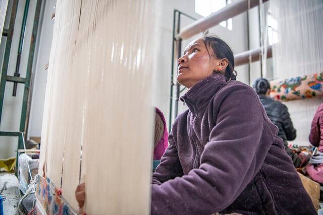 在江孜地毯厂，工人正在编织卡垫（3月19日摄）。新华社记者孙非摄