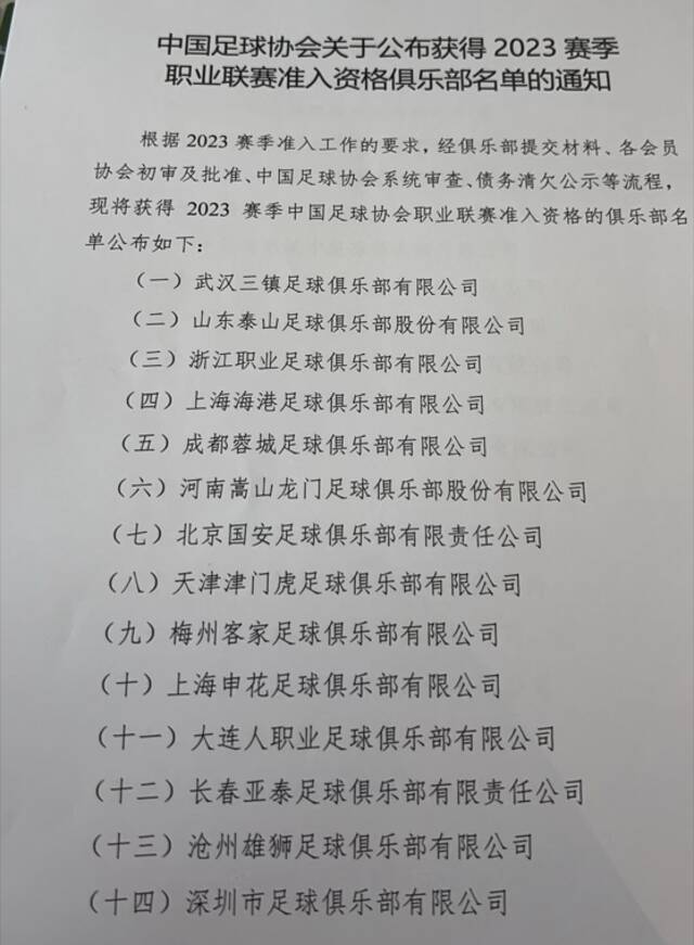 足协公布准入名单：48家俱乐部在列，昆山、广州城无缘