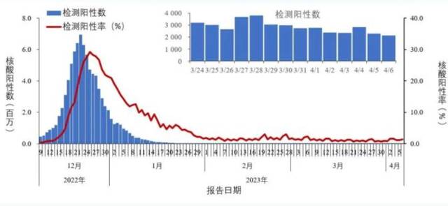 全国报告人群新型冠状病毒核酸检测阳性数及阳性率变化趋势。图片来源：中国疾控中心