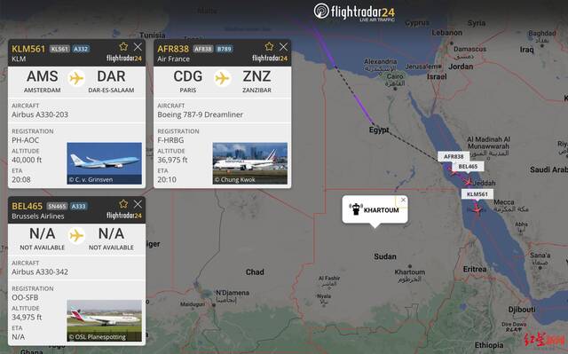 ↑飞行雷达数据显示，各国民航班机绕飞苏丹