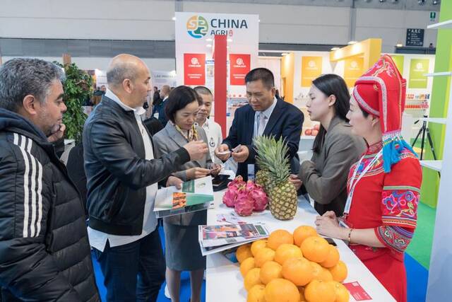图为参会的中国代表团成员向国际客商介绍中国农产品。（魏超飞摄）