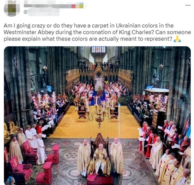 查尔斯三世加冕教堂地毯是乌克兰国旗配色？白金汉宫：是个巧合