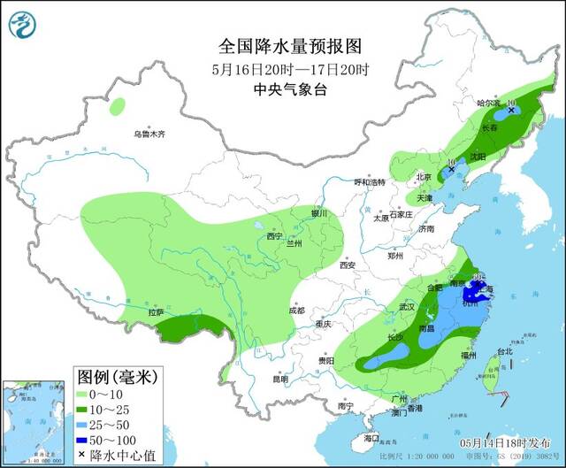 图3全国降水量预报图（5月16日20时-17日20时）