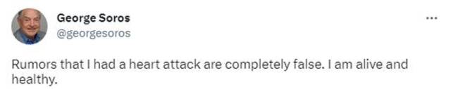 乔治·索罗斯发推特辟谣“心脏病发作”，称“我很健康”