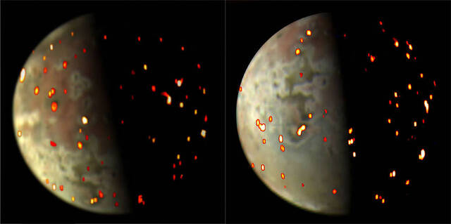 朱诺号探测器拍摄的令人难以置信的图像中看到木星的火山卫星木卫一发出炽热的光芒
