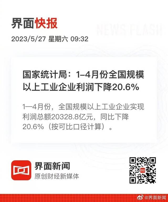 国家统计局：1-4月份全国规模以上工业企业利润下降20.6%