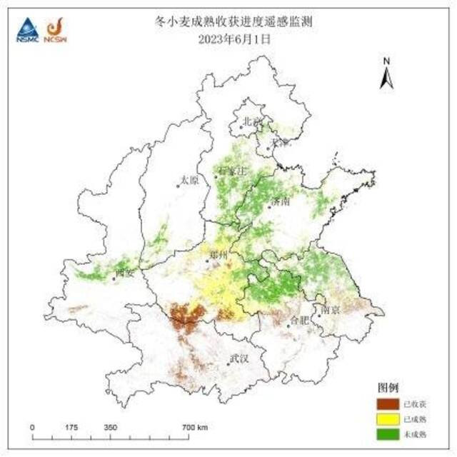 图1FY-3D卫星遥感监测冬小麦收获进度图