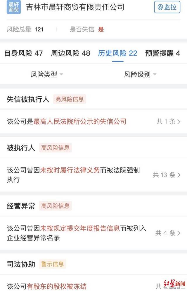 ▲吉林晨轩商贸公司为最高法所公示的失信公司