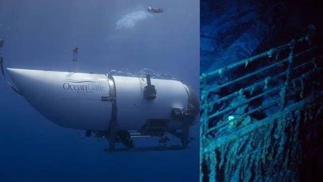 ↑左图为考察“泰坦尼克”号残骸过程中失联的深潜器“泰坦”号