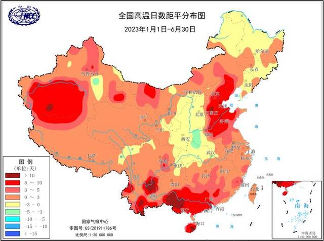 2023年1月1日至6月30日全国高温日数距平分布图