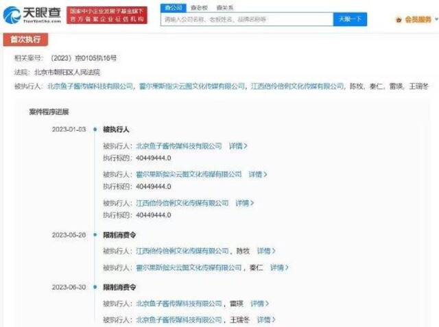 偶练青你制作方被限消 已被强制执行4044万余元