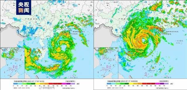 左为今早7点左右雷达回波图，右为18时雷达回波图