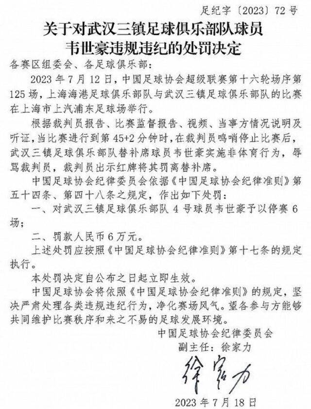 中国足球协会：韦世豪辱骂裁判被停赛6场罚款6万