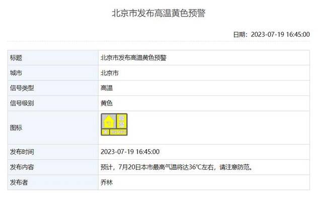 北京市发布高温黄色预警