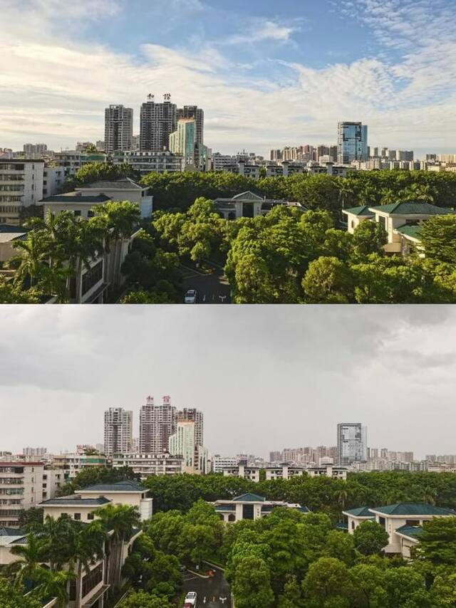 拼版照片：记者27日上午、下午在潮州市同一地点拍摄的对比图。新华社记者詹奕嘉摄