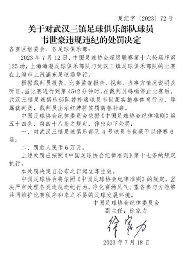 中国足协纪律委员会为韦世豪开出的罚单图/中国足协官网