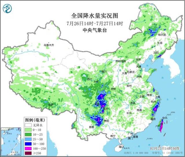 7月27日14时制作的全国降水量实况图来源：中央气象台