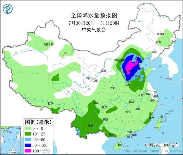 全国降水量预报图来源：中央气象台