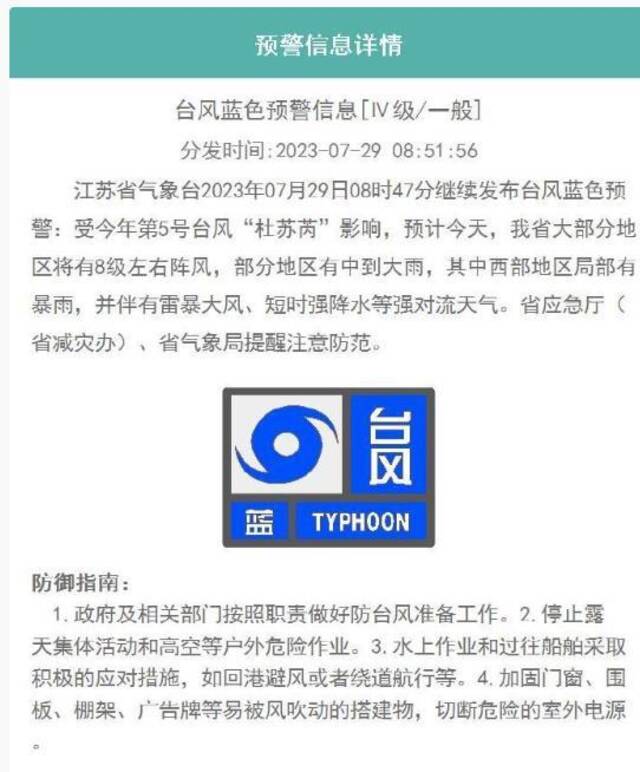 ​江苏省气象台继续发布台风蓝色预警 大部分地区将有8级左右阵风