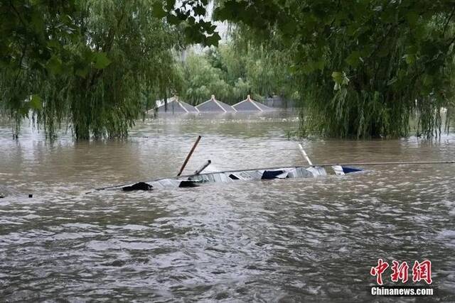 7月31日，北京房山区琉璃河镇琉璃河湿地公园部分区域被大石河水淹没。中新社记者崔楠摄