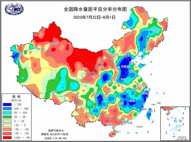 7月22日-8月1日全国降水量距平百分率分布图