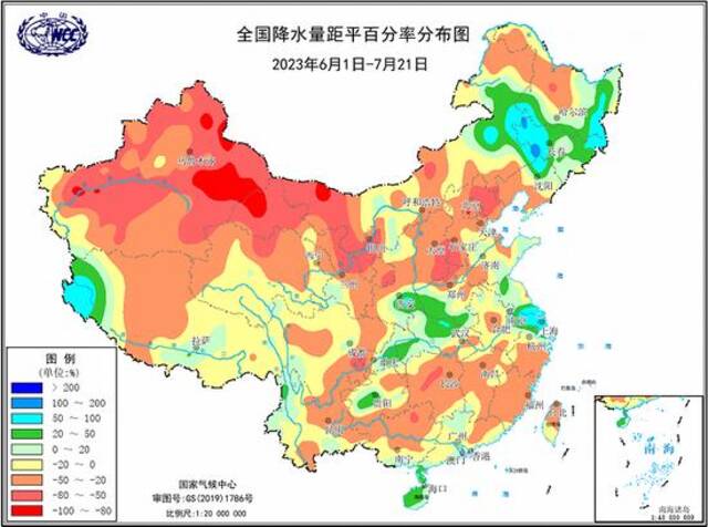 6月1日-7月21日全国降水量距平百分率分布图