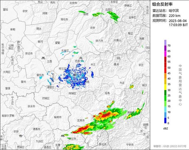 8月4日17时3分哈尔滨单站天气雷达图来源：中央气象台网站