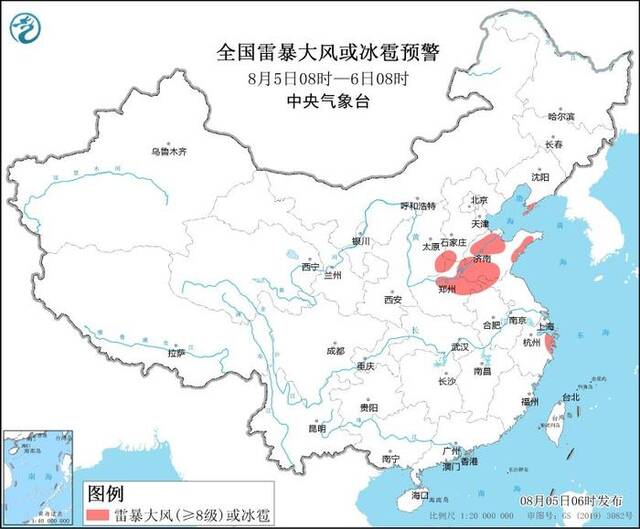 强对流天气黄色预警：江苏北部、浙江东部等地将有8-10级雷暴大风或冰雹天气