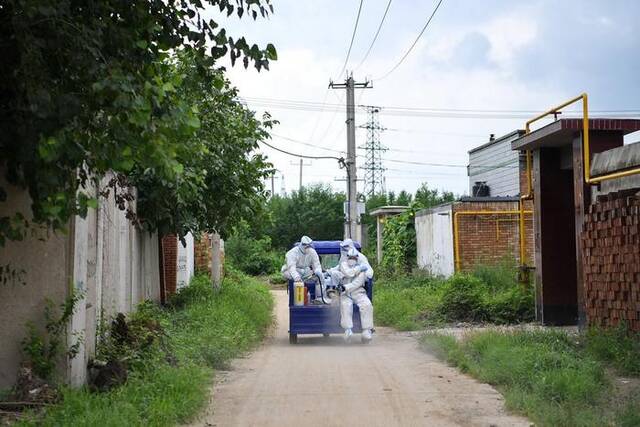 8月6日，在河北涿州刁窝镇白塔村，防疫人员在进行道路消杀作业。