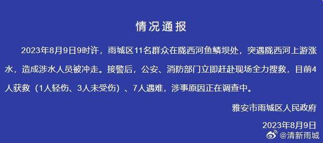 四川雅安：陇西河上游涨水，造成7人遇难，涉事原因正在调查