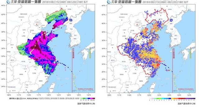 2018年第18号台风“温比亚”路径与降水、极大风速叠加图国家气象信息中心制图