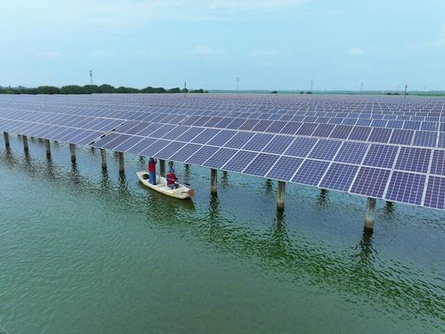 8月12日，南昌市新建区松湖镇药湖上的太阳能光伏板。（黄枚峰摄）