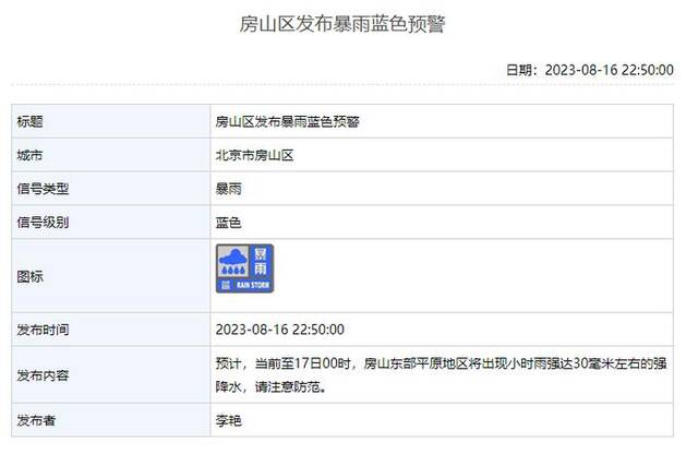 北京房山区发布暴雨蓝色预警