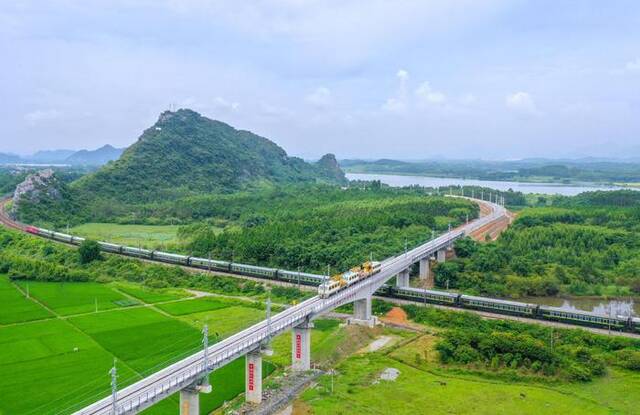 轨道车缓缓驶过跨京广铁路大桥