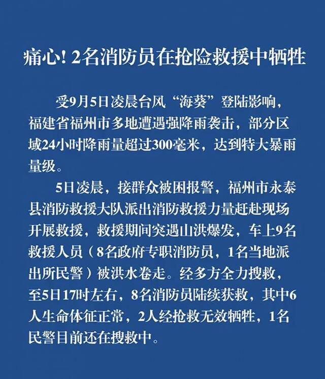 福州2名消防员在抢险救援中牺牲