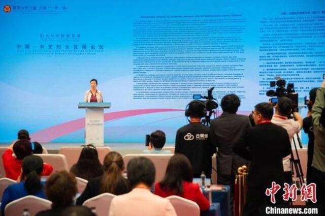 全国妇联副主席、书记处书记林怡的宣读成果文件《中国-中亚妇女发展论坛（厦门）倡议》。中新网记者李南轩摄
