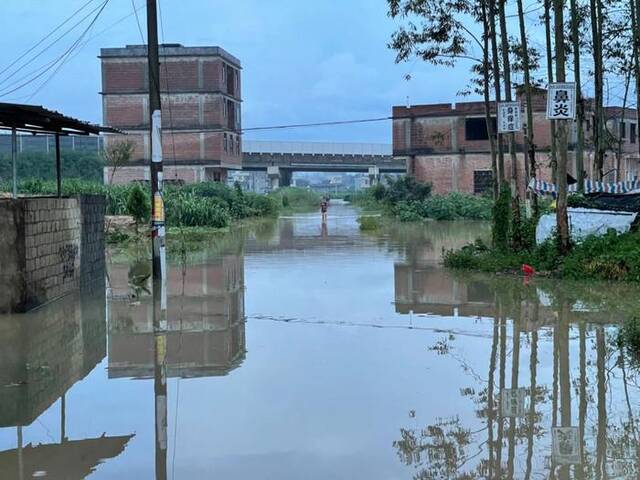 9月11日，在博白县水鸣镇龙利村黎山屯，洪水淹没道路。新华社记者聂新宇摄