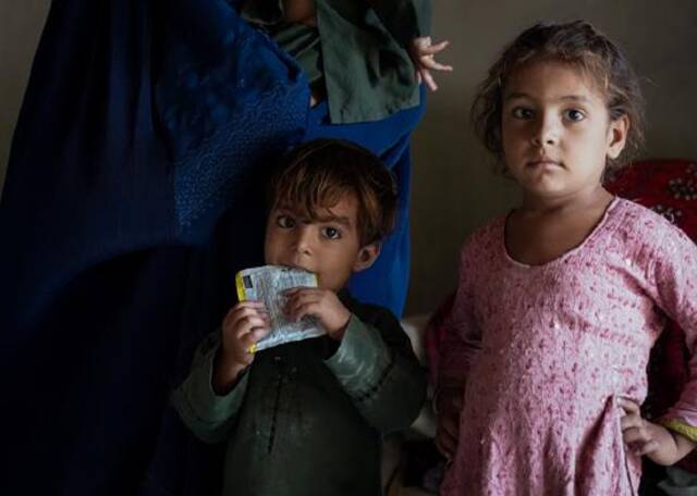 来自阿富汗Jalalabad的家庭领取他们最后一份口粮。由于面临严重的资金短缺，世界粮食计划署本月被迫切断了对200万人的援助，他们就是其中之一。照片©WFP/MohammadHasibHazinyar