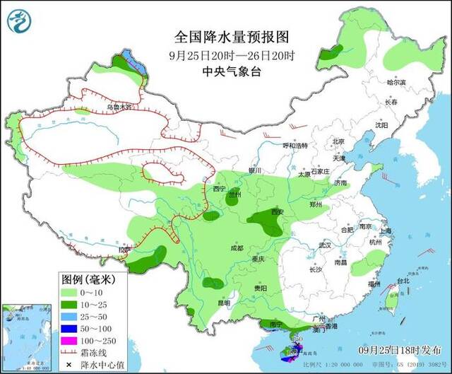 图1全国降水量预报图（9月25日20时-26日20时）