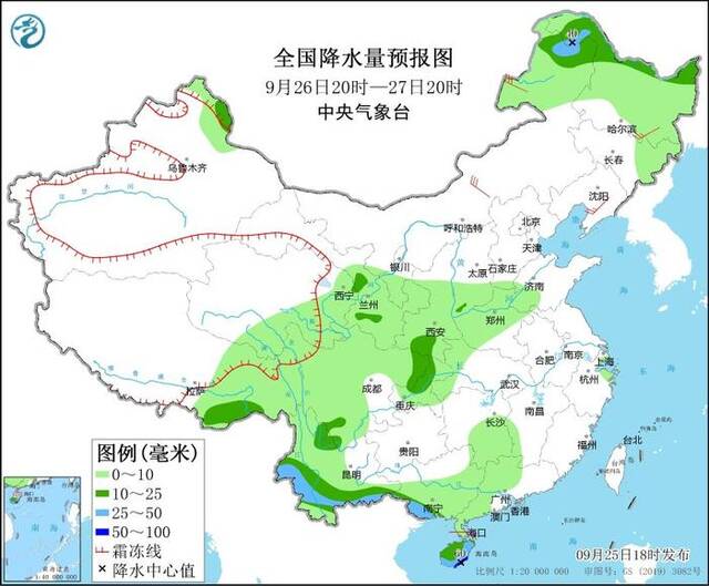 图2全国降水量预报图（9月26日20时-27日20时）