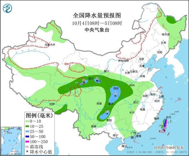 图3全国降水量预报图（10月4日08时-5日08时）