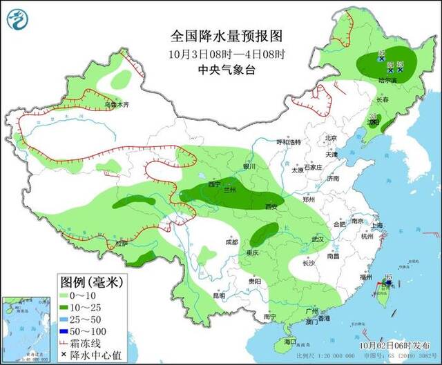 图2全国降水量预报图（10月3日08时-4日08时）