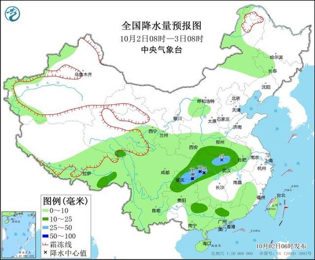 图1全国降水量预报图（10月2日08时-3日08时）