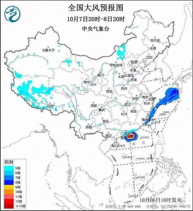 中央气象台10月6日18时继续发布大风黄色预警