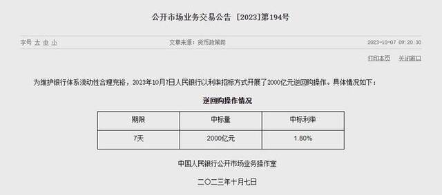 央行10月7日开展2000亿元逆回购操作 中标利率1.80%