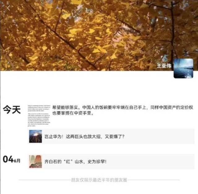 力破“被调查”传闻？ 王亚伟朋友圈今日已更新两条