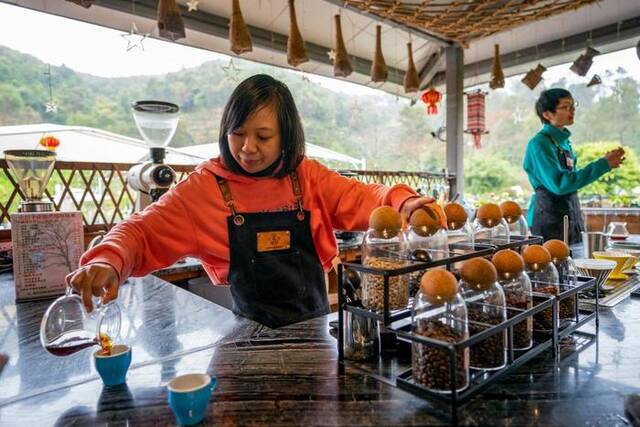 咖啡义工在小凹子咖啡庄园为游客倒咖啡。新华社记者陈欣波摄